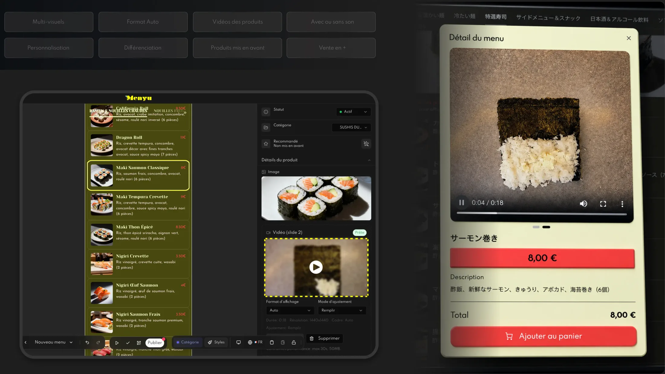 Menu digital Menyu — option vidéo de produits