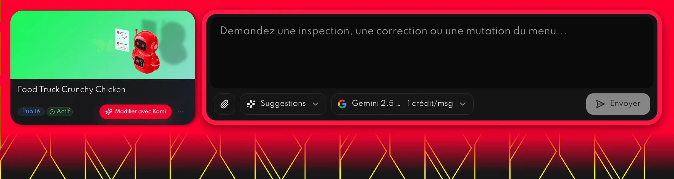 Agent IA — assistant de création menu Komi