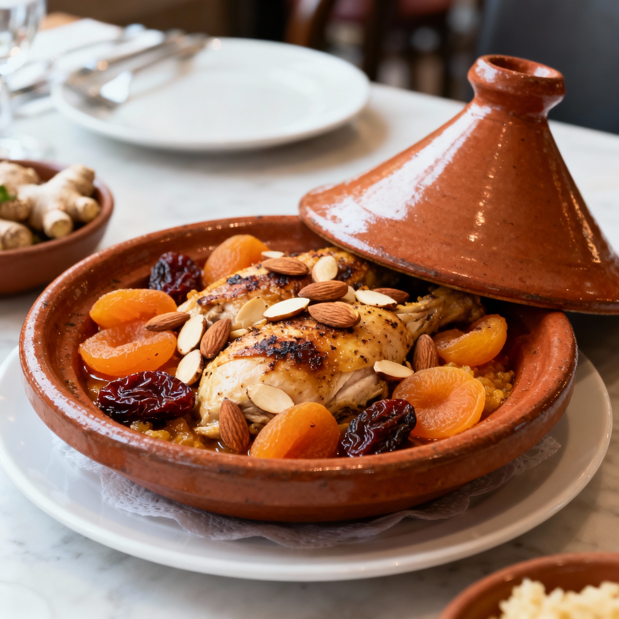 Tajine poulet abricots et amandes