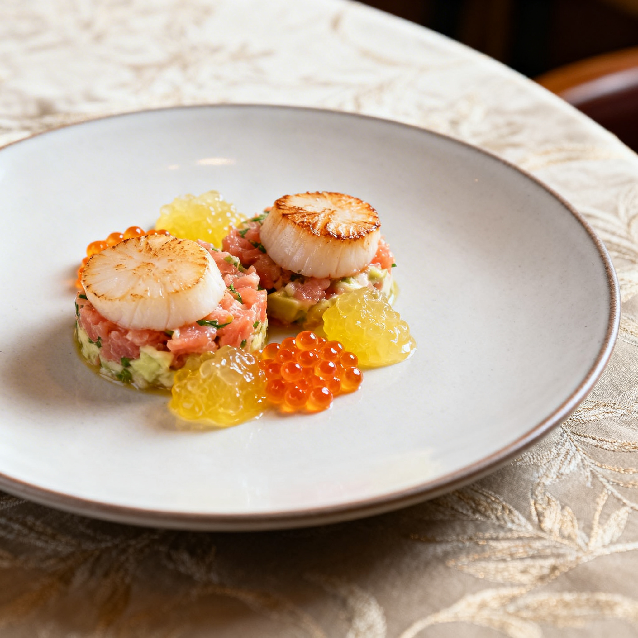 Tartare de Saint-Jacques, gelée de yuzu et œufs de truite