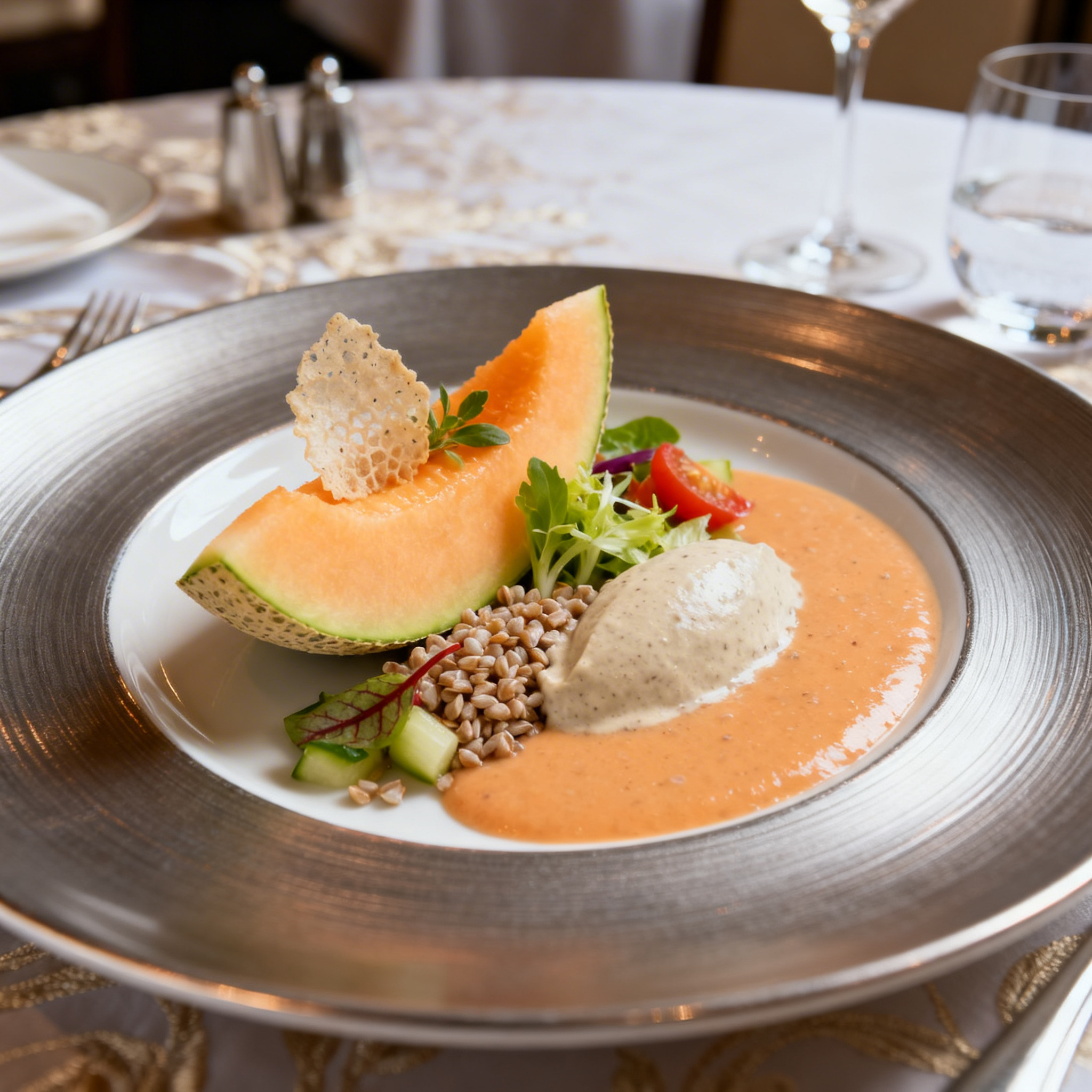 Cuillerette de gaspacho de melon, crème légère au sarrasin
