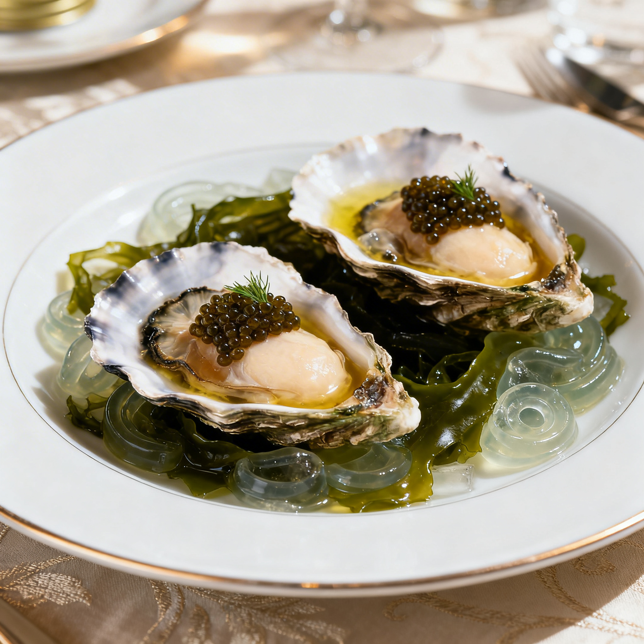 Huître tiède, gelée d'algues, caviar de Méditerranée