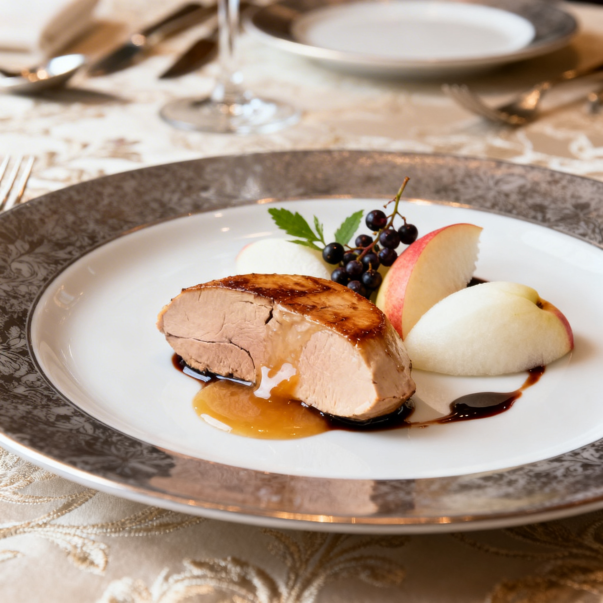 Foie gras poêlé, pêche blanche et vinaigre de sureau