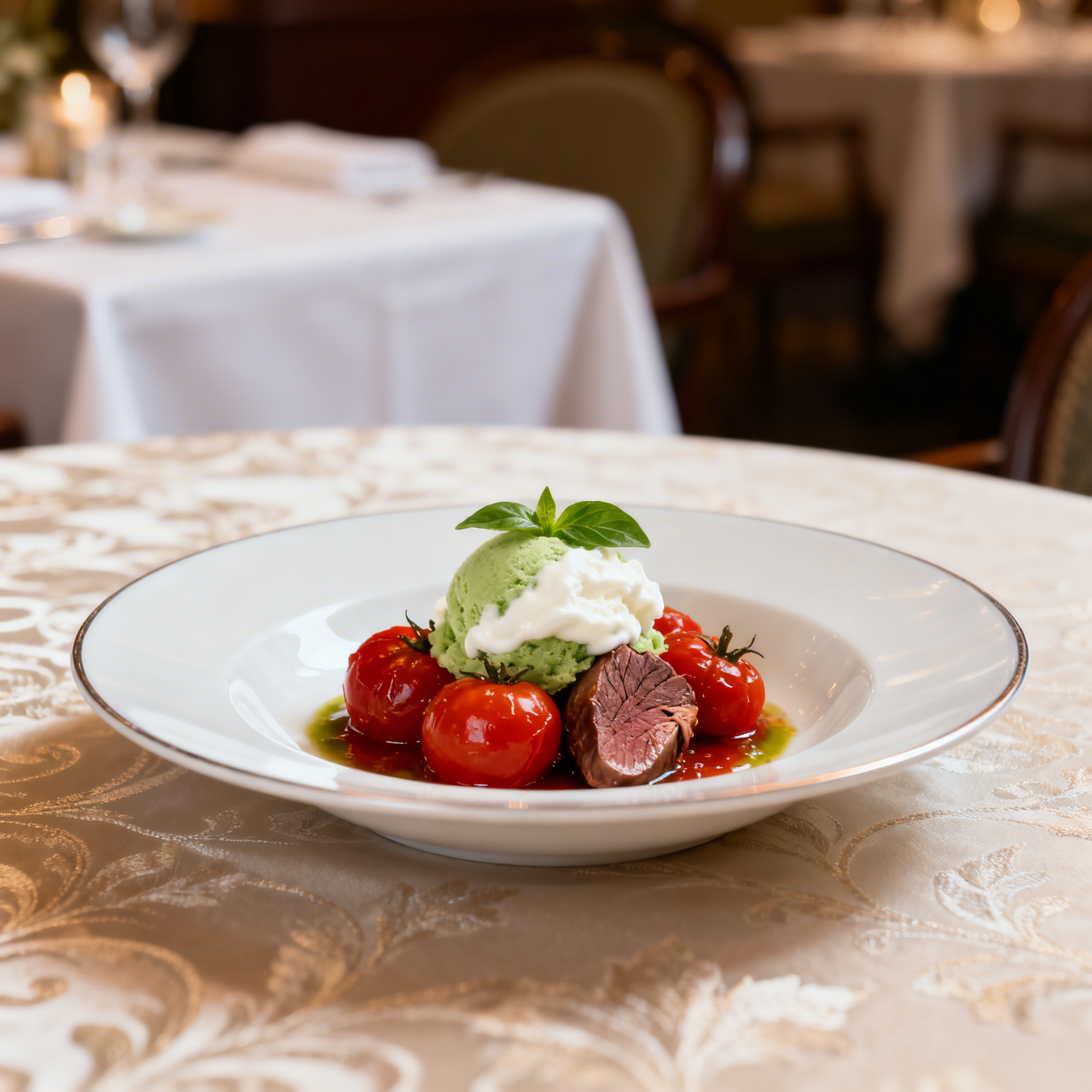 Tomate cœur de bœuf, sorbet basilic & yaourt de brebis