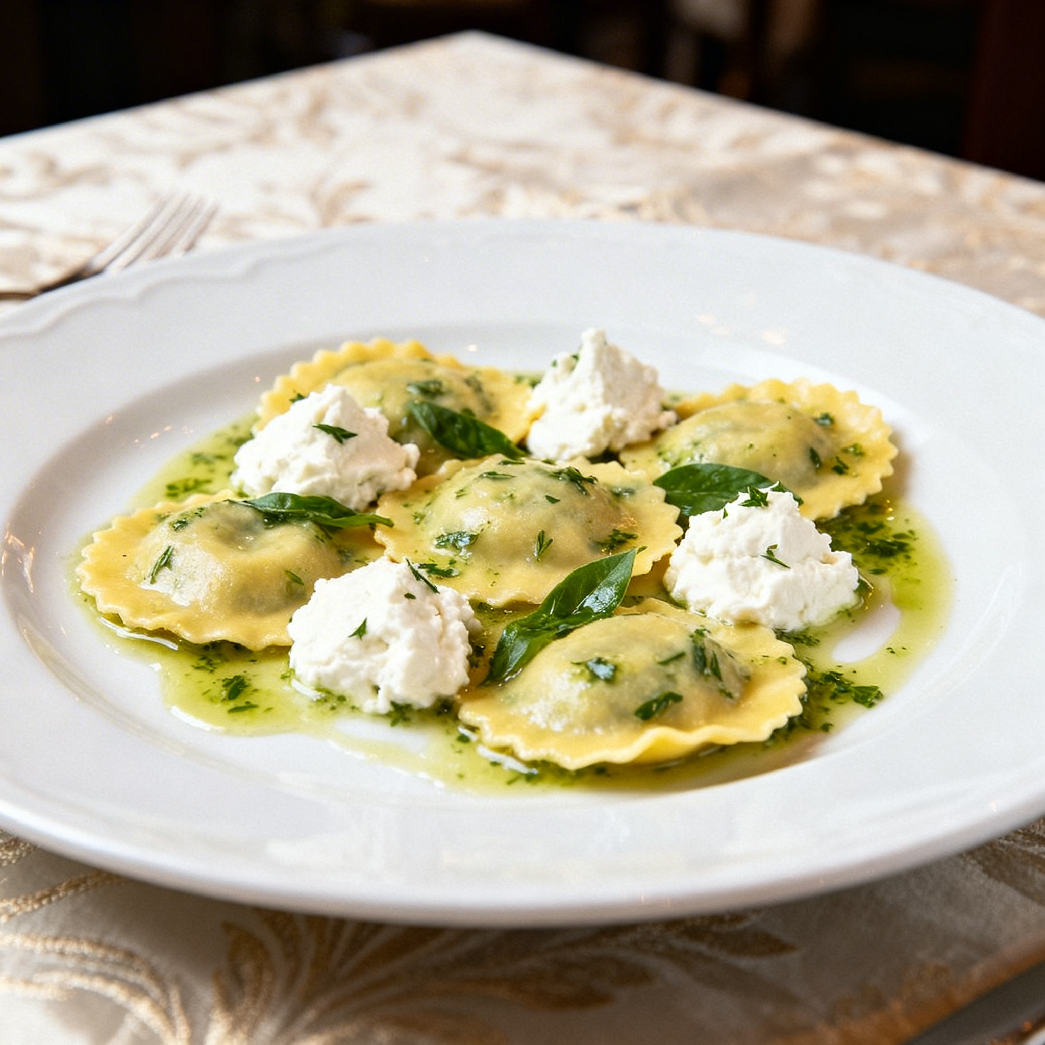 Ravioles de ricotta & herbes fraîches, émulsion d'ail doux