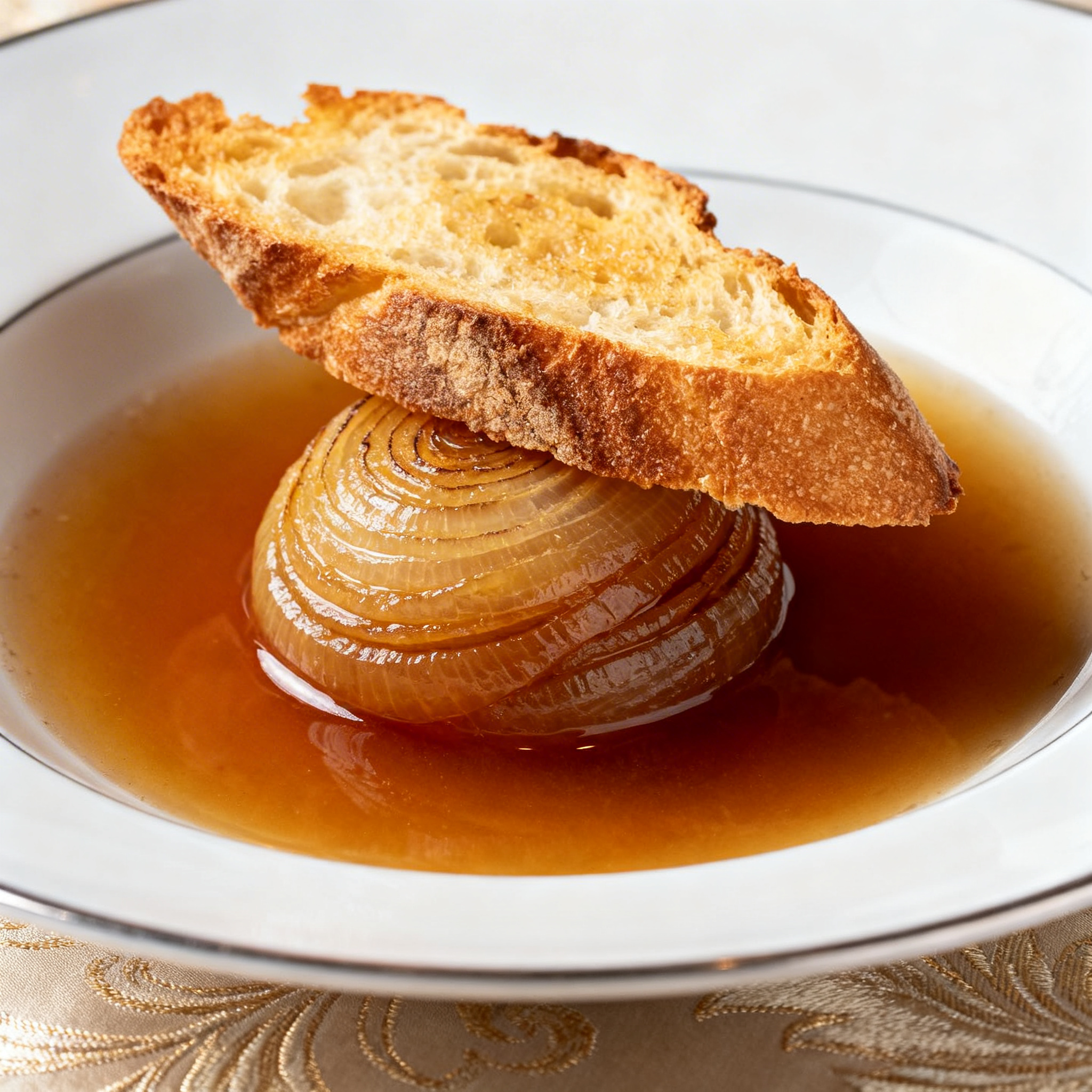 Oignon doux confit, tartine croustillante & bouillon corsé