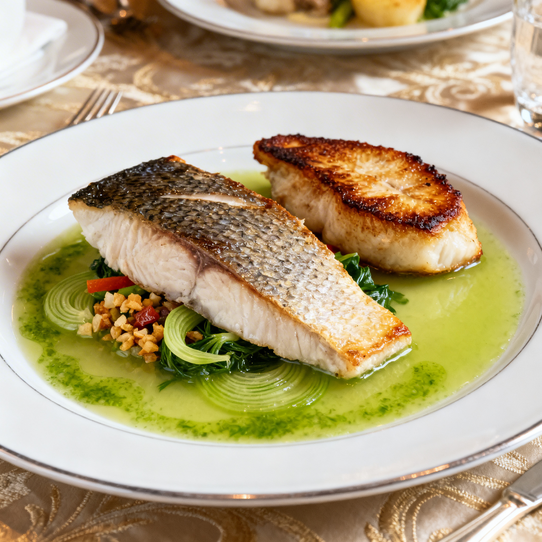 Filet de bar de ligne rôti, consommé vert de fenouil, légumes croquants