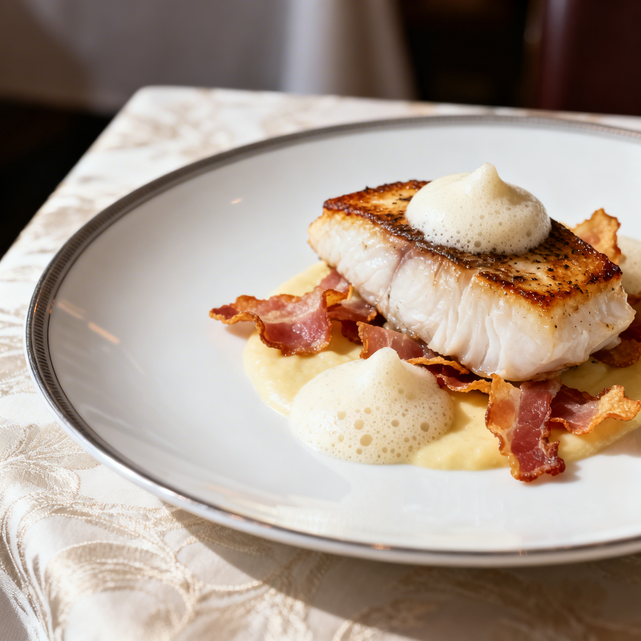 Lotte rôtie, espuma de topinambours, chips de pancetta