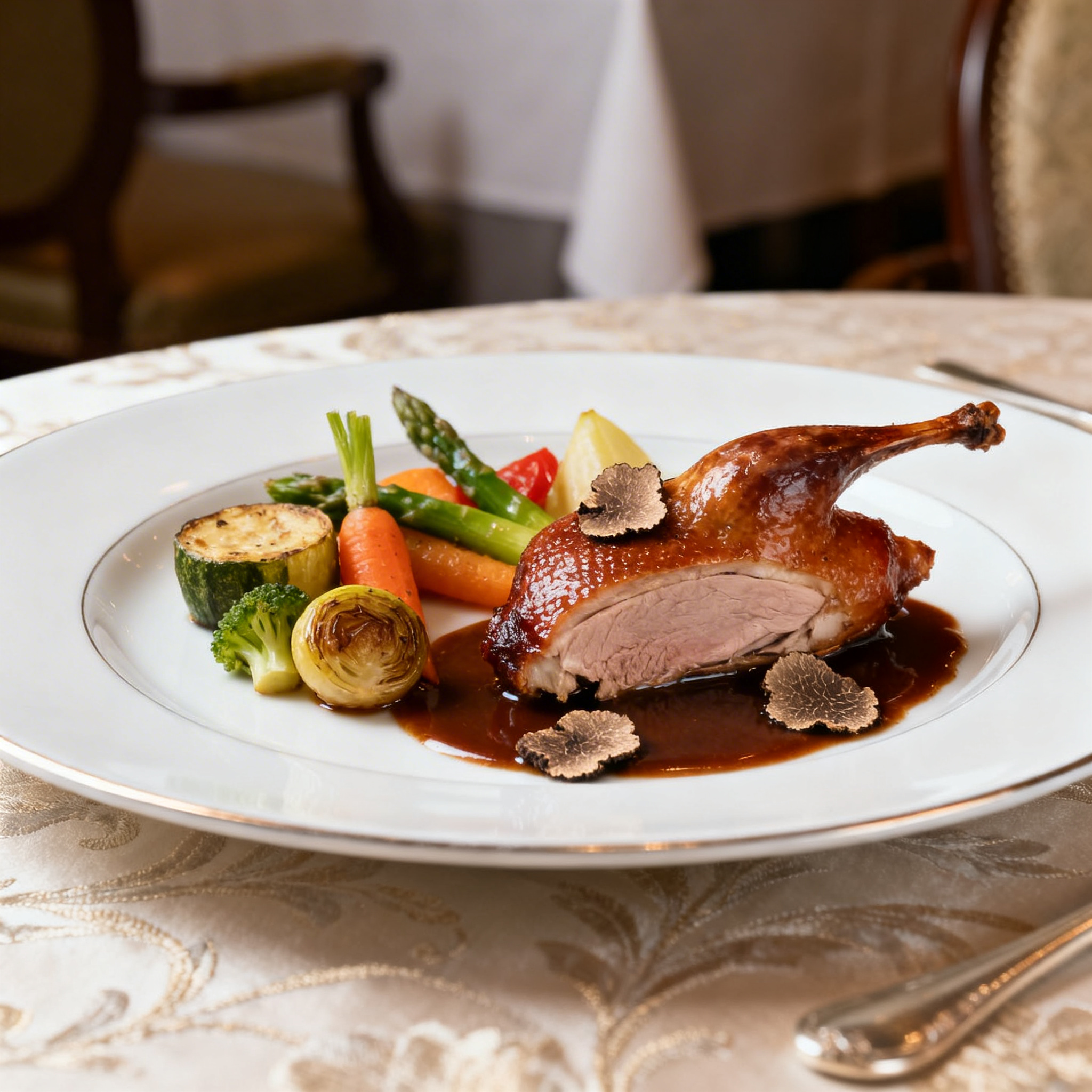 Pigeon de Vendée rôti, jus truffé & mini-légumes anciens