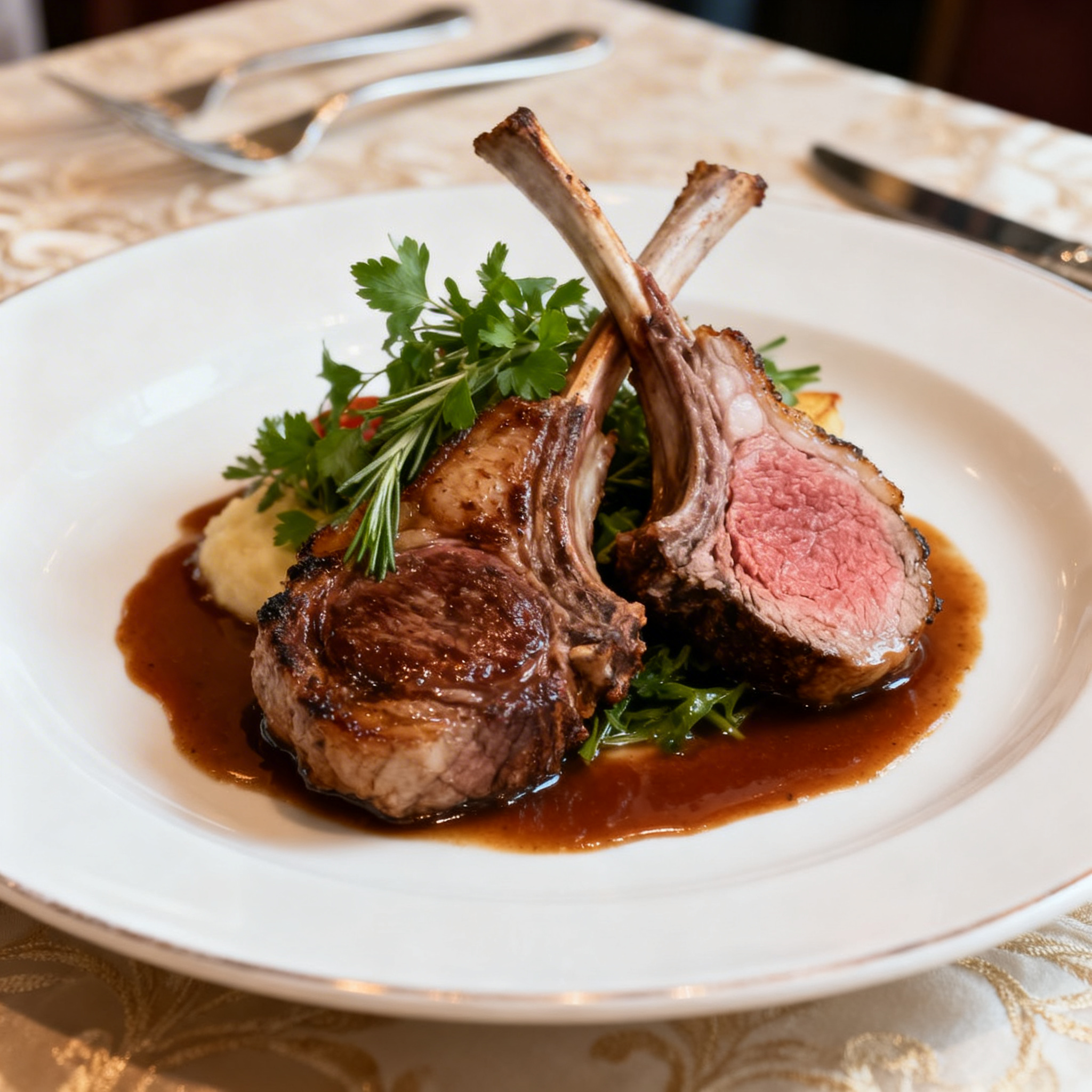 Carré d'agneau rôti, herbes fraîches & jus corsé