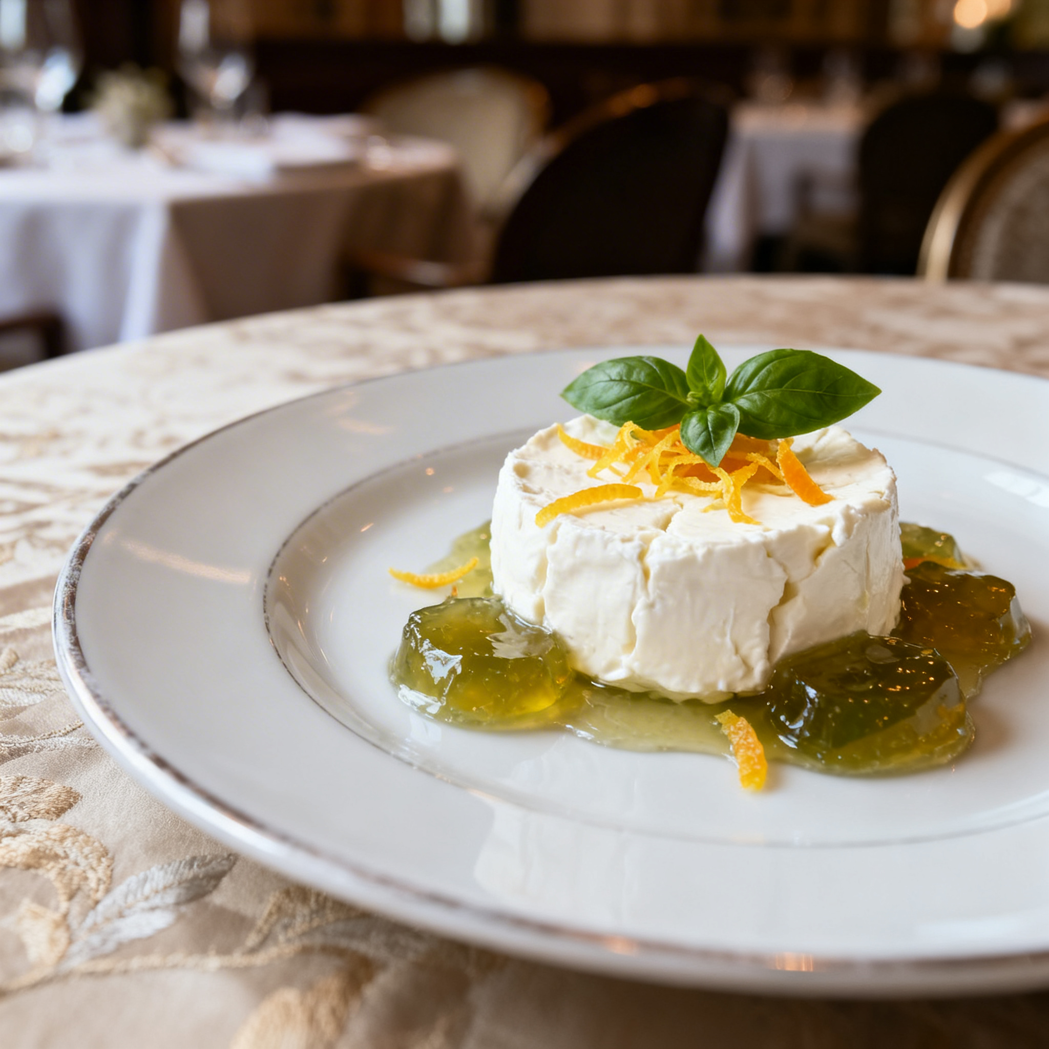 Crémeux de chèvre frais, gelée basilic & zestes d'agrumes