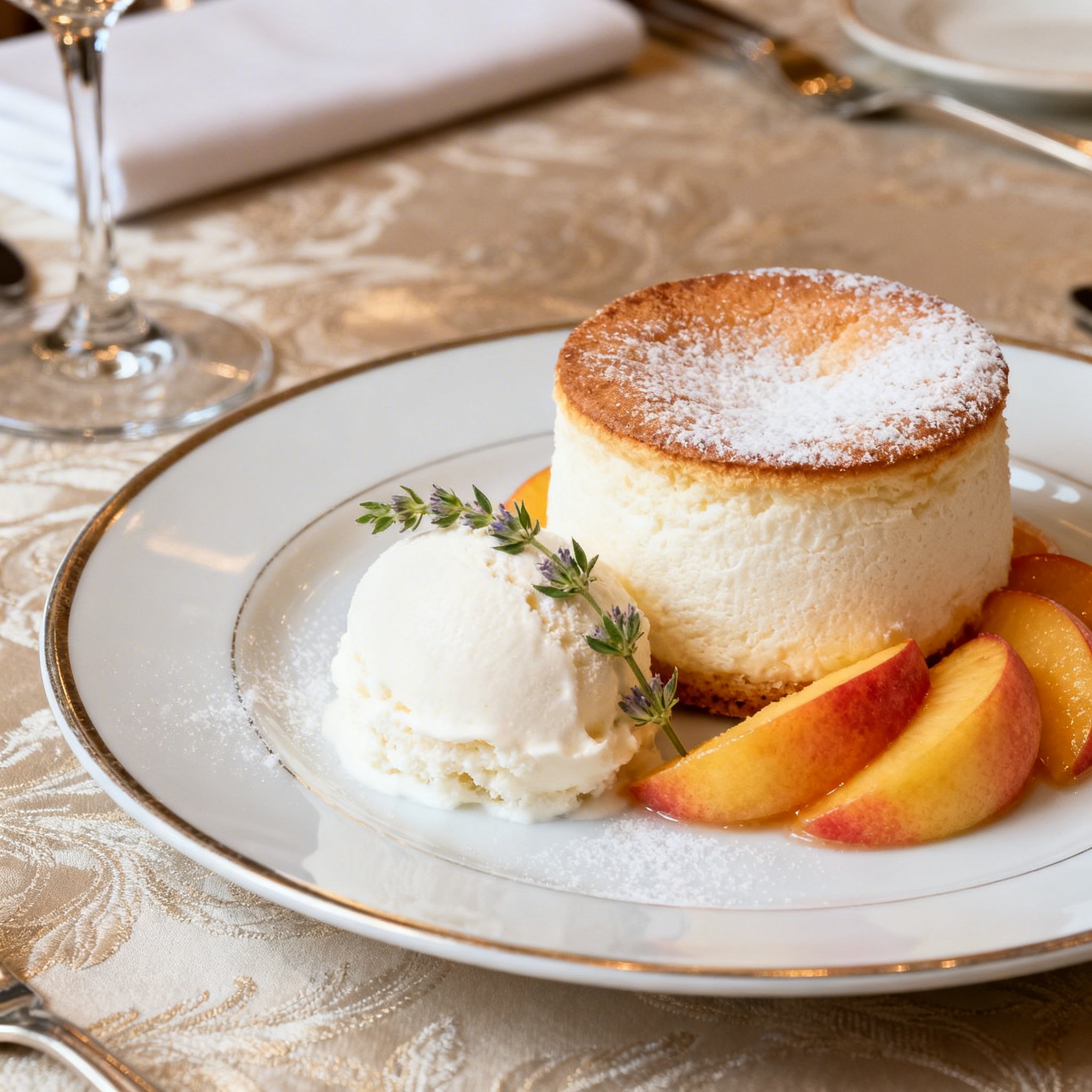 Soufflé chaud à la pêche blanche et glace verveine