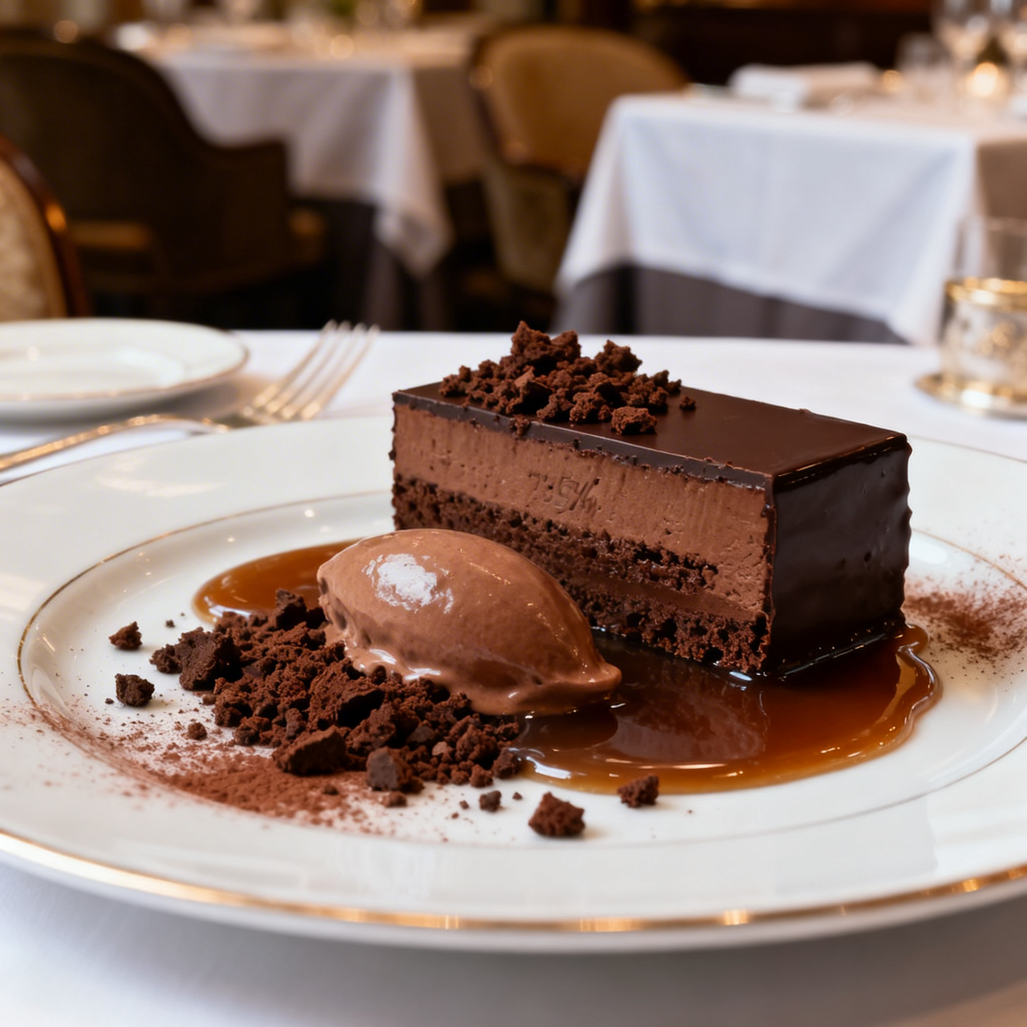 Chocolat noir 75 % — crémeux, crumble cacao, gel café